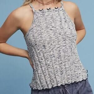 Anthropologie Akema + Kin Top Small Blue White Marled Knit Sweater Tank Ruffle
